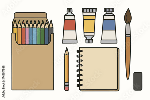 Art supplies set with colored pencils, paints, brush, notebook, and eraser