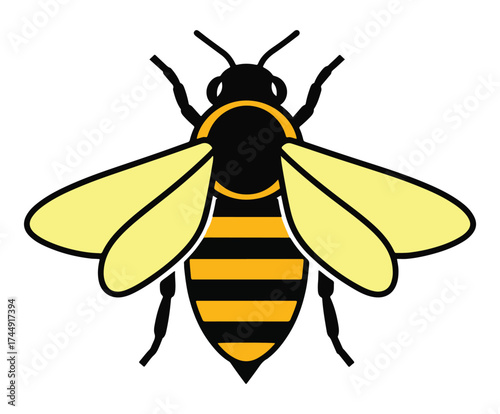 A stylized graphic illustration of a honeybee with yellow wings and a striped abdomen on a white background.