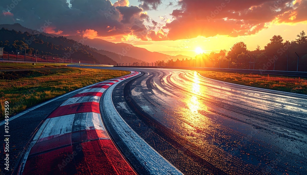 Naklejka premium Motorsport asphalt road glistens reflecting the early morning sun