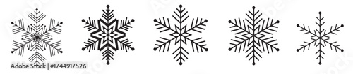 Collection of five intricate black and white snowflake designs for winter and holiday themes, perfect for seasonal decorations.