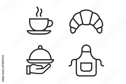 Minimalist icons of coffee, croissant, serving dish, and apron representing breakfast cuisine