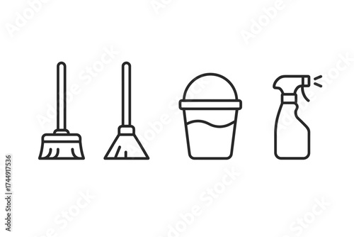Outline icons of broom, mop, bucket, and spray bottle for cleaning tasks