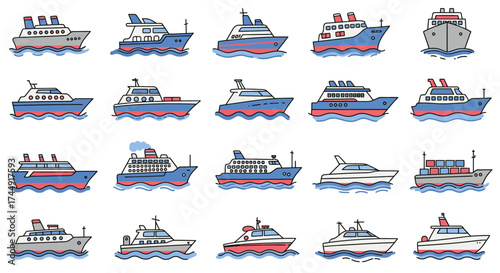 Cartoon vessels illustration, various types of ships like cruise, speedboats, ferryboats isolated on white background