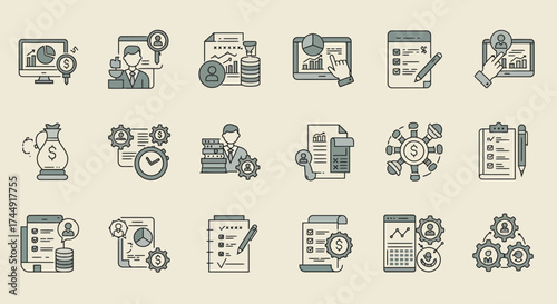 Collection of Business Management and Data Analysis Icons on Beige Background