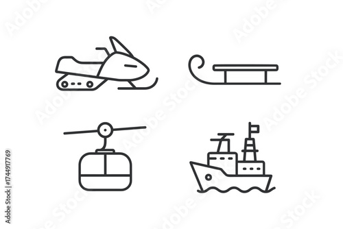 Outline icons of snowmobile, sled, cable car, and ship