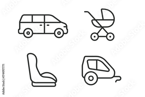 Icon set featuring car, stroller, car seat, and trailer