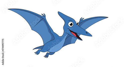 A friendly blue pterodactyl flying through the sky with its wings spread.