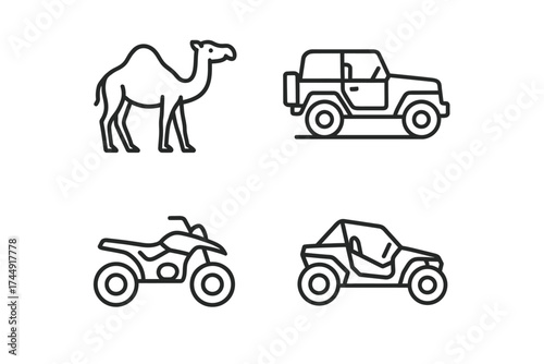 Outlined icons of camel, jeep, motorbike, and buggy