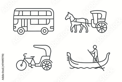 Transport icons: double-decker, horse carriage, rickshaw, gondola