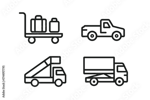 Simple outline icons of luggage cart and trucks including pickup and delivery vehicles
