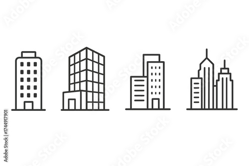 Minimalistic line drawings of four varied skyscraper designs in black and white