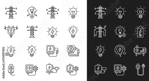 Collection of Electricity and Energy Icons: Power Lines, Bulbs, and Electric Plugs