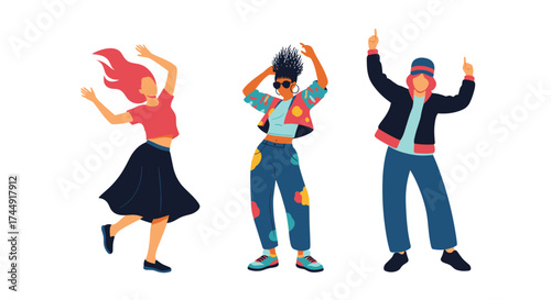 Three friends dancing joyfully in a studio setting with energetic poses.