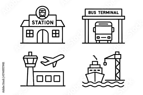 Transportation hubs: train station, bus terminal, airport, seaport icons set