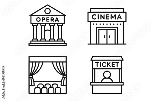 Opera house, cinema, theater, and ticket booth icons in line art style