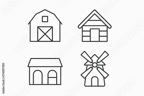 Minimalist farm buildings icons: barn, cabin, stable, windmill design set