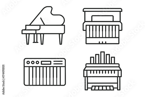 Line art of grand piano, upright piano, keyboard, and organ icons