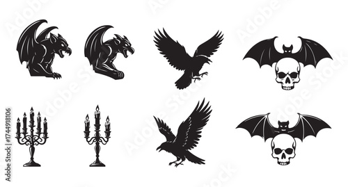 A set of black gothic horror icons featuring gargoyles, ravens, skulls with bat wings, and candelabras on a white background.