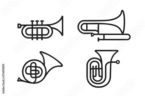 Outline illustrations of trumpet, trombone, french horn, and tuba