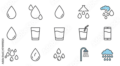 Collection of minimal water related icons representing different aspects and sources