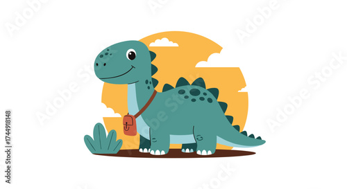 A cute little dinosaur with a bag is walking in a natural landscape.