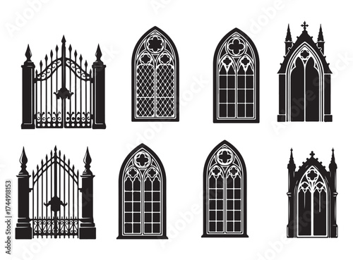 Collection of Gothic architectural elements including ornate gates and arched windows with tracery.