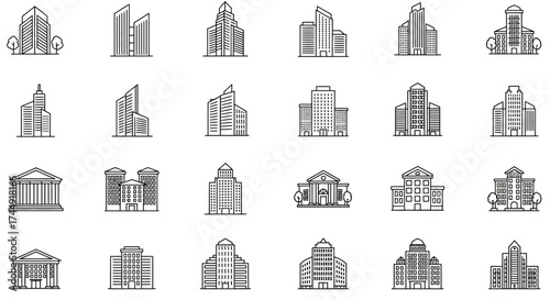 Collection of minimalist building and skyscraper icons representing urban architecture