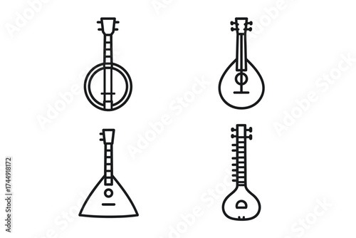 Line art of string instruments: banjo, mandolin, balalaika, and sitar