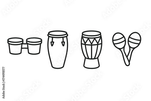 Outline icons of bongos, conga, djembe, and maracas in black and white