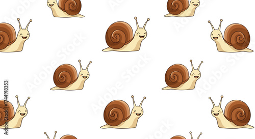 A repeating pattern of happy snails with brown shells on a white background.