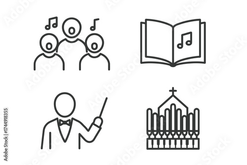 Music icons: choir, songbook, conductor, organ illustrations