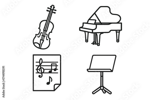 Outline of musical instruments: violin, piano, sheet music, and music stand