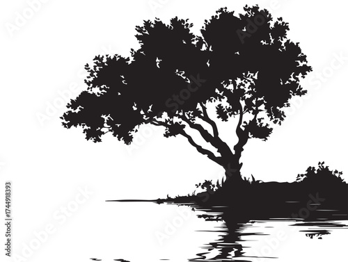 Peaceful Lakeside Tree Silhouette Under Evening Twilight Sky