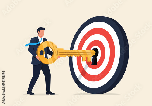 A businessman holds the golden key, symbolizing the correct strategy to unlock and achieve the central goal represented by the target's bullseye