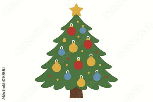 Decorative christmas tree with colorful ornaments and star topper on white background