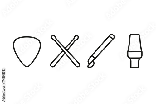 Minimalist icons: guitar pick, drumsticks, paintbrush, clarinet