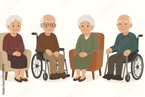 Elderly caucasian adults seated together in wheelchairs and armchairs smiling