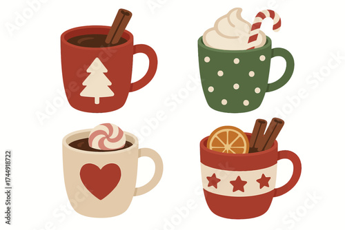 Festive holiday mugs with hot beverages and whimsical decorations