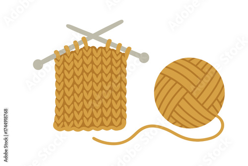 Knitting project: yarn and needles craft with brown wool stitching