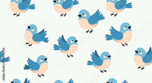 A pattern of cute little blue birds flying in the sky.