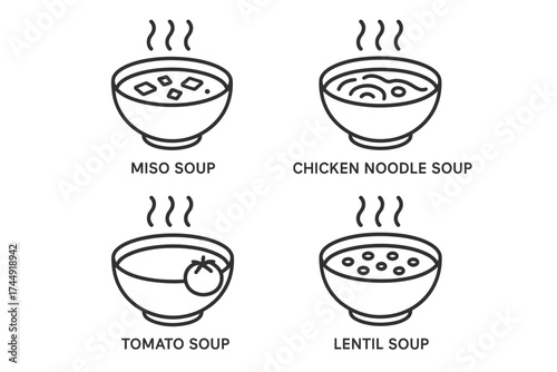 Variety of delicious soups: miso, chicken noodle, tomato, lentil - icons