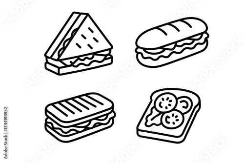Black and white line icons of various sandwich types including sub and panini
