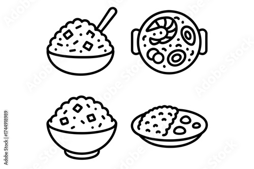 Monochrome line art of rice and seafood dishes in bowls and plates