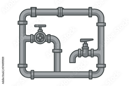Vector illustration of grey industrial pipe system with valves