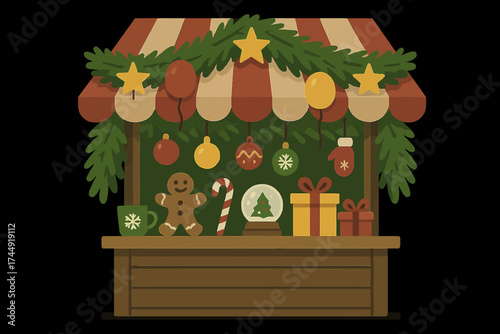 Festive christmas market stall with decorated gingerbread and gifts
