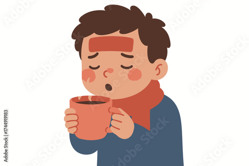 Young male feeling sick with fever holding hot tea cup