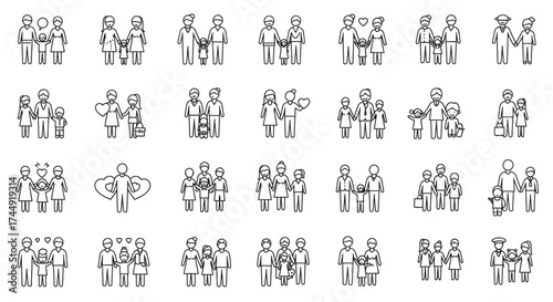 Diverse family structures represented in line art icons showcasing unity and relationships