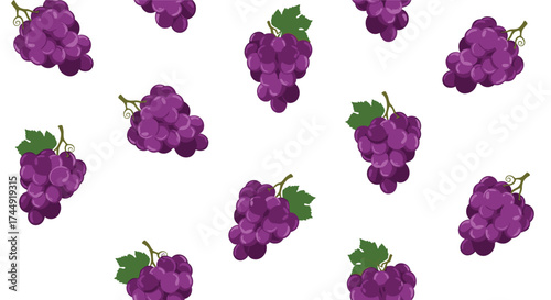 A vibrant pattern of purple grapes scattered across a white background.