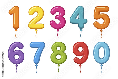 Colorful balloon numbers 0-9 on white background