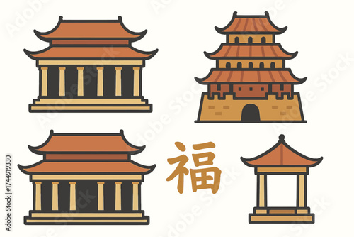 Traditional asian architecture icons with pagodas and symbol
